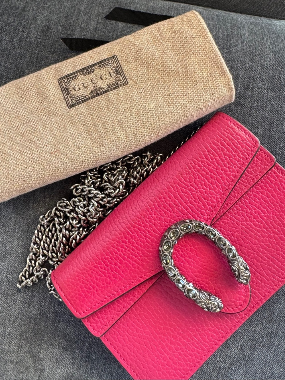 Gucci Super Mini Dionysus- Hot Pink Pebbled Leather With Silver Hardware